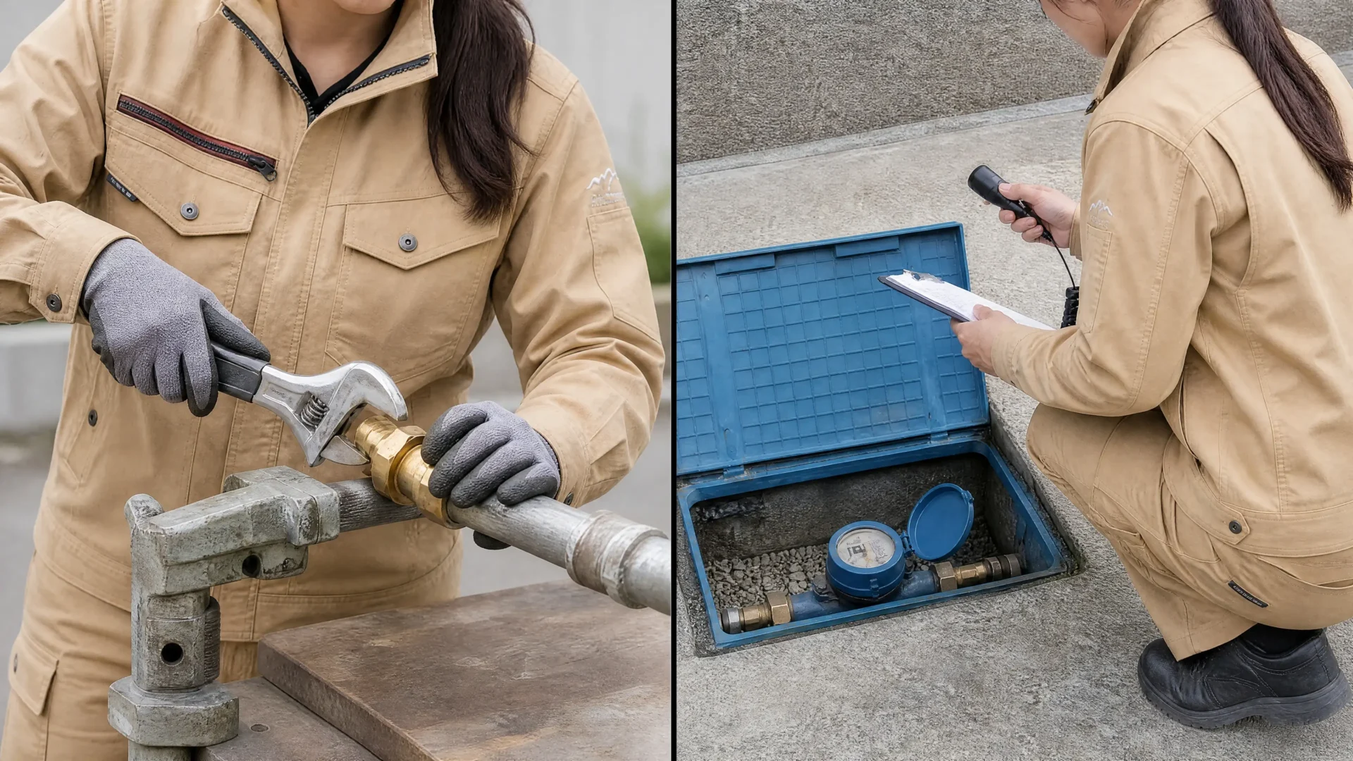 女性も活躍する給排水設備工事現場・水道メーターのパイロットを操作する様子